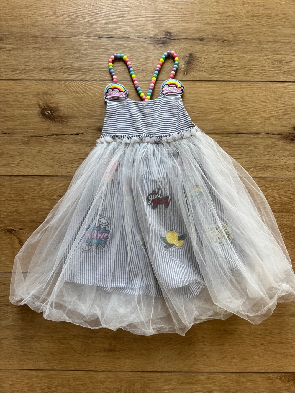 Lola + The Boys Striped Gray & White Tulle Dress with Rainbow Bead Straps